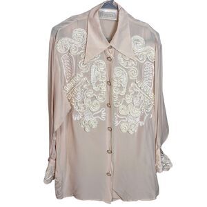 Vintage Ivana 100% Silk  Blouse Top Ivory Pearl Rope Embroidery Size 14